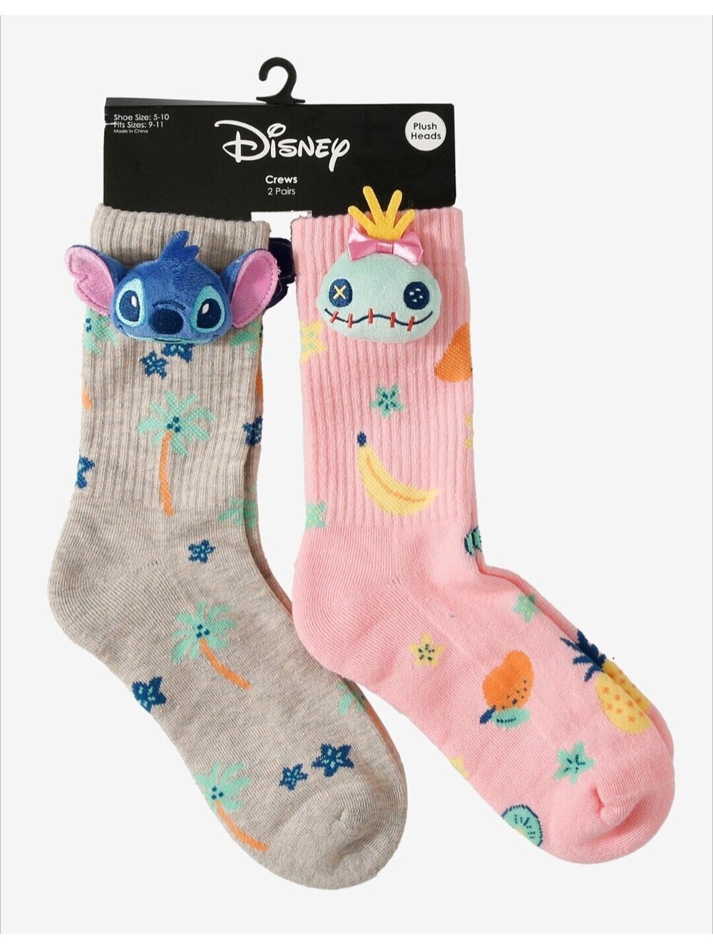 Disney Stitch & Scrump Plush Head Crew Socks 2 Pair Shoes Size 5-10 Comfy Gift